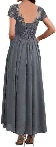 Mother of The Bride Dresses Tea Length Lace Appliques Chiffon Short Sleeve V Neck Formal Evening Gown for Women2