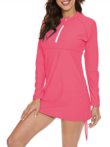 American Trends Women'S Rash Guard Long Sleeve Swimsuits Top Uv Upf 50+ Sun Protection Rashguard Half Zipper Swim Shirt Side Adjustable Wetsuit Pink Medium thumb #2