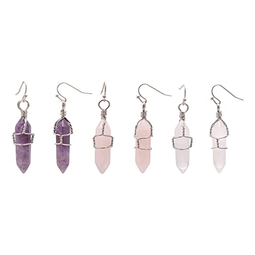 Generic 3 Pair Double Terminated Wire Wrapped Amethyst, Quartz & Rose Quartz Crystal Pt. Earrings Costume