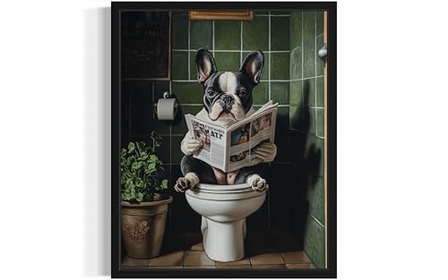Image of French Bulldog 1 on Toilet Black Framed Wall Art Print Poster, Dog Bathroom Humor Decor Posters Prints for Restroom Home Picture Painting Artwork Gallery 7 (French Bulldog 1, 18 x 24 inches, Black Frame)