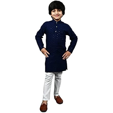 AHHAAAA Kid's Sequin Print Embroidery Mirror Work Kurta with Pajama for Boys (Navy, 2-3 Yrs) 503MF Cover