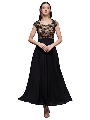 Image of Miss Chase Women's V-Neck Full Sleeve Self Design Lace-Overlaid Georgette Maxi Dress