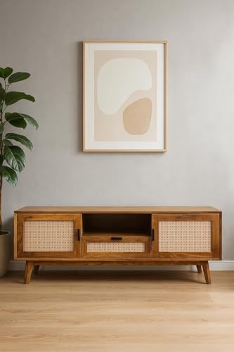 Image of Premium Solid Wood, 10 Minutes Assembly (Legs Only), Aesthetic Rattan Doors, Mid Century Entertainment Center for Living Room, TV Stand for 65 inch TV, Dark Chocolate (Light Honey With Drawar)