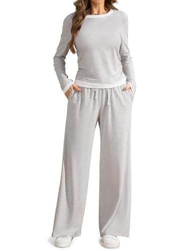 SHESHOW Women 2 Piece Outfits Long Sleeve Tops Wide Leg Pants Casual Matching Lounge Sets for Women XS-XXL