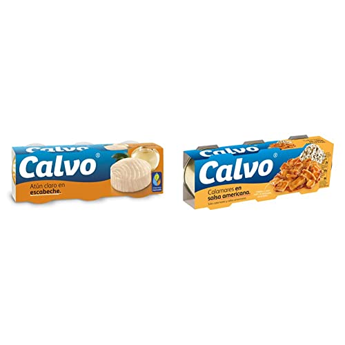 Calvo - Atún Claro Escabeche, Pack 3 x 80 g & Calamares En Salsa Americana - Paquete de 3 x 80 gr - Total: 240 gr