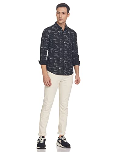 Image of Spykar Men Printed Full Sleeve Slim Fit Shirt Black