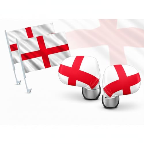 England St Georges Cross Car Flag Bundle 2 Car Window Flags with Poles 2 Wing Mirror Covers Universal Fit Weather-Resistant