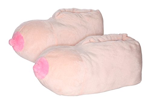 DeluxeComfort Booby Bedroom Slippers, Medium - Fun Unique Gag Gift - Perfect for College Life - The Breast Slippers Around - Mens Slippers, Natural, Pink, 6, (BOOB-002-02)