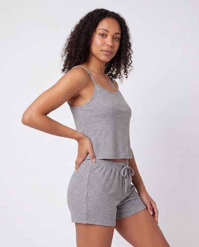 Image of Real Essentials 2 Pack: Women's Ribbed Cropped Cami and Short Set Pajama Sleep Lounge Sleepwear PJ Soft Drawstring Shorts