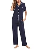 Ekouaer Women Pajamas Set Button Down Sleepwear Short Sleeve Nightwear with Long Pants Soft Pjs Set S-XXL Navy Blue M