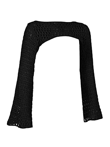 Y2K Long Sleeve Crochet Knit Bolero Shrug For Women Hollow Out See Through Sweater Crop Top Harajuku Retro Streetwear (Solid Black,One Size) #TOP1