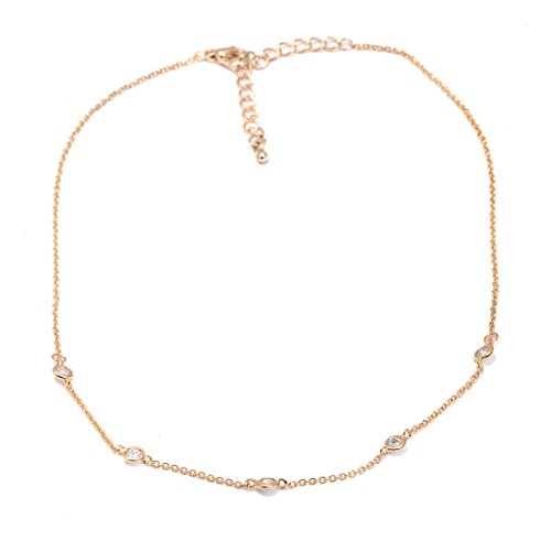 Spinningdaisy Crystal Accent Tiny Chain Satellite Choker Necklace (Gold)