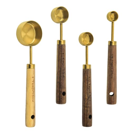 TOVINANNA 4個 ステンレス製パウダー計量スプーン点 木製ハンドル付き 耐錆性 高精グラム計量 小さじ対応 キッチンベーキング用