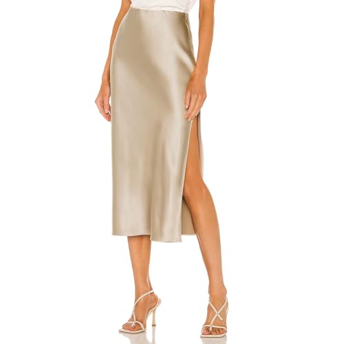 Risipu Satin Skirts for Women Satin Midi Skirt Side Split, Elastic Waistband High Waist Elegant Dress (L, Khaki)