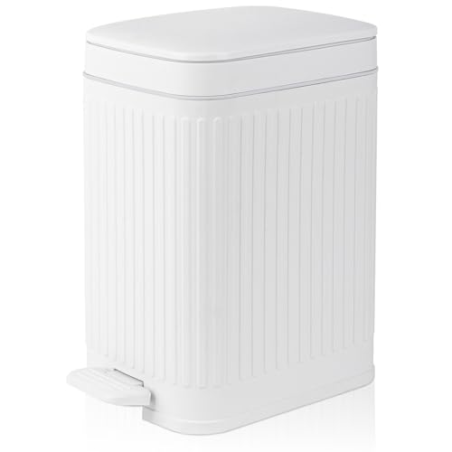 Image of rejomiik Small Bathroom Trash Can with Lid Slim Soft Close Garbage Can Step Wastebasket Container Trash Bin for Office Bedroom Kitchen Living Room (1.9 Gallon White)