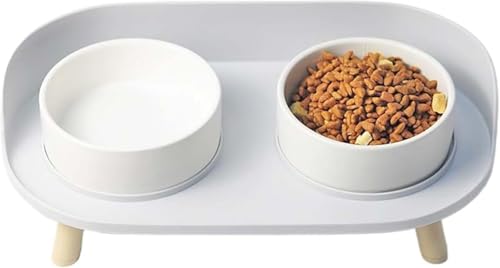 KOKUMON 陶器(セラミック)製ペットボウルスタンドセット 犬用・猫用脚付き食器台 中小型犬・ネコ向け水飲みボウル + フードボウル一体セット かわいいデザインペット用品 衛生耐用給水器兼用ペットエサボウル