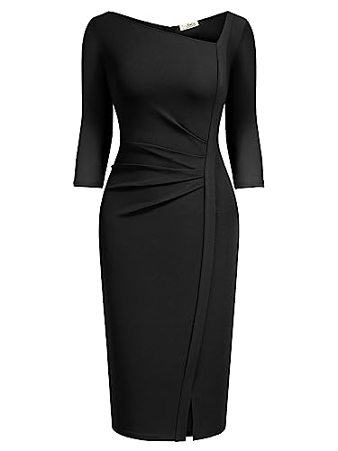 Image of AISIZE Women's Retro 3 /4 Sleeve Ruched Elegant Business Pencil Sheath Dress