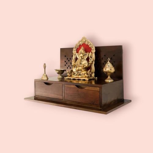 Image of MISAN Wooden Wall Mounted Temple, Traditional Indian Style, Sheesham Wood,Sheesham Wood Pooja Mandir for Home (A-Walnut)