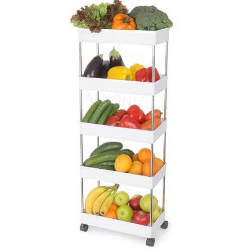 Image of Multipurpose 5-Tier Storage Shelf, Storage Rack with Wheels, Storage Organizer Cart for Kitchen, Pantry Closet, Bedroom, Bathroom(5 Layer, White)