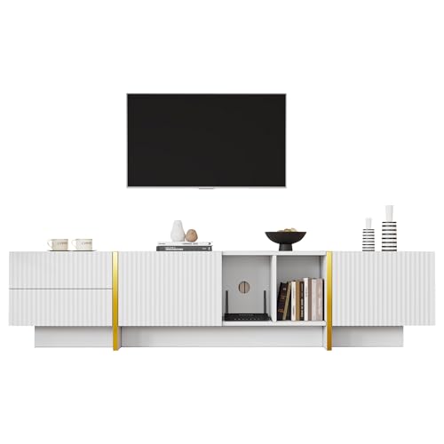 BTM TV Stand Cabinet for TV up to 85", TV Stand with 2 Drawers, 2 Cabinets and Open Shelves, Embossed Pattern TV Unit, 190x35x34cm