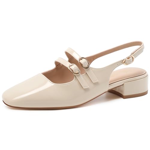 Mostrin Nude Mary Jane Shoes Women Slingback Chunky Low Heels for Women Closed Rounded Toe Ankle Strap Pumps Daily Wedding Party Dress Shoes Size 9.5