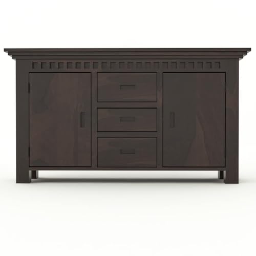 Image of Solid Sheesham Wood Sideboard and Cabinets | Wooden Side Board Media Console Tv Cabinet for Living Room | Free Standing Cabinet with 3 Drawers & 2 Door Cabinet Storage | Walnut Finish