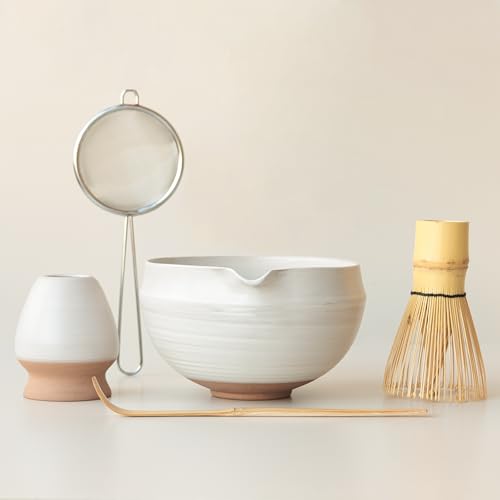 Matcha Set, 5 Pcs Matcha Whisk Set, Ash White & Red Clay, 17oz