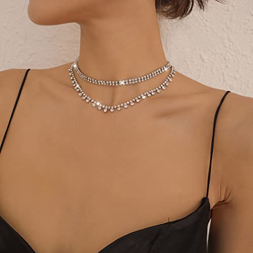 Sixexey Layered Rhinestone Necklaces Silver Crystal Necklace Chains Sparkly Party Necklace Jewelry For Women And Girls (2-Layer) #TOP2