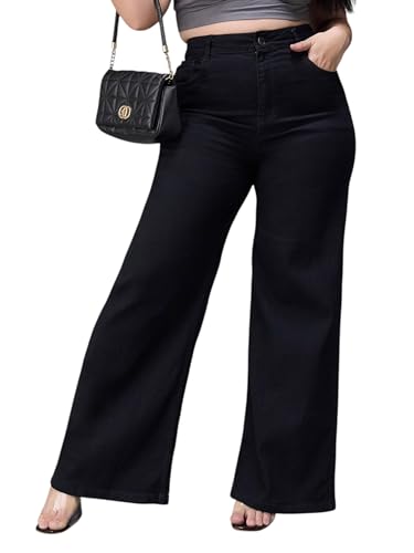 Miss Chase A+ Women's Wide Leg High Rise Regular-Length Stretchable Denim Jeans (APSS25DEN81-64-847-28, Umbra Black, 28)