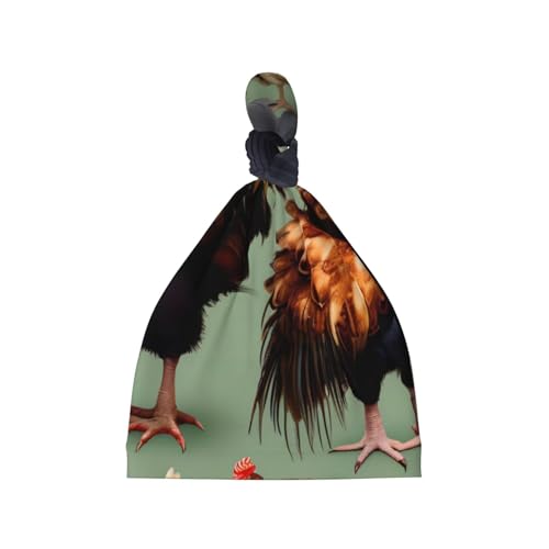 Newborn Baby Hat, Rooster and Chicken Print Soft Top Knot Beanie Cap, Cute Baby Headwear for 0-6 Months Black