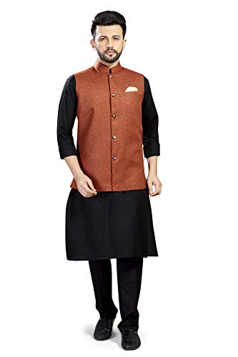 Image of 100% Cotton Blend Stylish Trendy Solid Pattern Sleeveless Comfortable Men's only Nehru Jacket for Regular Use Ethnic Wear(Rust Brown,Medium)