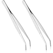 2 PCS 8 Inch Stainless Steel Tweezers with Curved Serrated Tip Kitchen Long Tweezers Set Heavy Duty Sewing Machine Tweezer Long Aquarium Tweezer Reptile Feeding Tongs for Cooking Crafting Repairing
