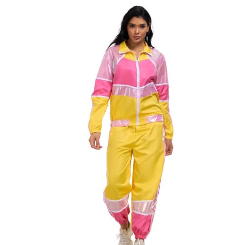 Womens 80s Tracksuit Retro Hip Hop Windbreaker Women Disco Tracksuit Sets Colorblock One Piece Outfits Set 2025 Fashion Yellow