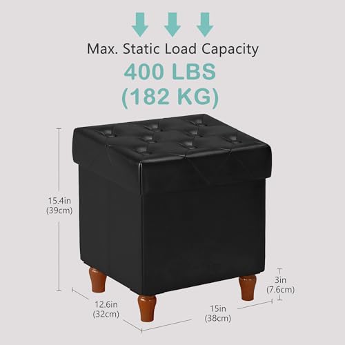 Image of CAROLMADE Folding Storage Ottoman Cube PU Leather Footstool with Wood Legs Ottoman Footrest for Living Room and Bedroom Black, 15x12.6 x 15.4 inch