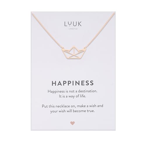 LUUK LIFESTYLE Collier femme avec pendentif bateau carte HAPPINESS en acier inoxydable (50 cm),...