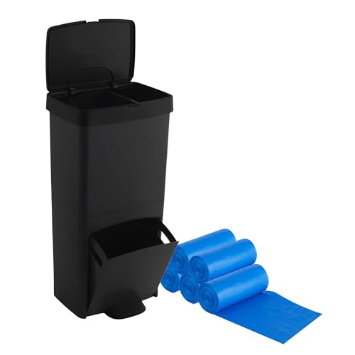 Confezione da 2 bidoni della spazzatura o del riciclaggio 70 l, 2 scomparti, pattumiera per rifiuti, 76 cm, include sacchetti di immondizia da 30 L