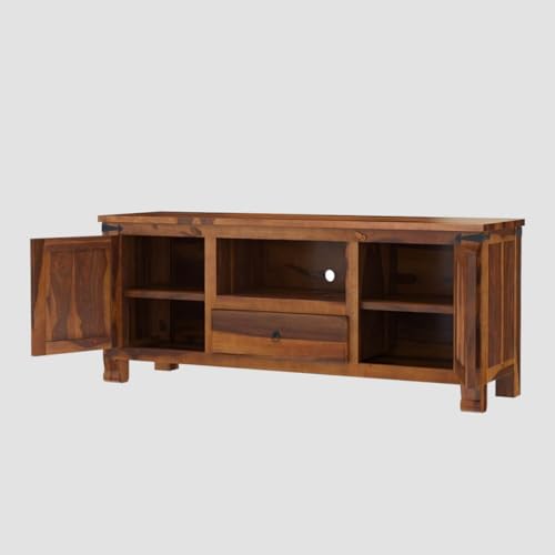 Image of Sheesham Rosewood, 1 Drawer Solid Wood TV Entertainment Unit | Wooen TV Cabinet Living Room & Office Honey Finish