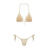 TiaoBug Women's Crochet Micro Tankini Set Swimwear Halter Bra Top and Crotchless G-String Swimsuit...