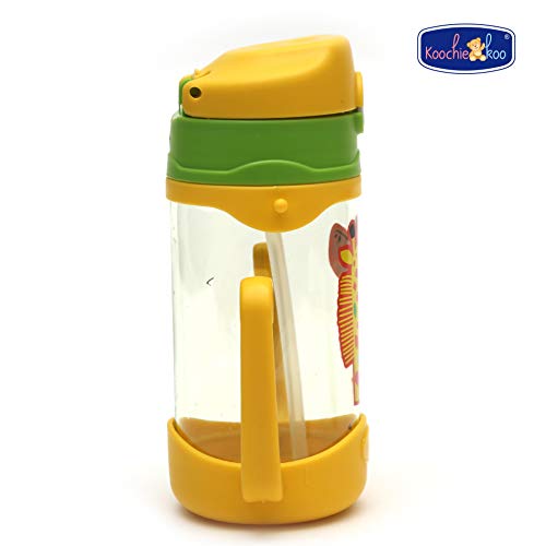 Koochie-Koo-Plastic-One-Touch-Open-Cute-Giraffe-Printed-Handy-Transparent-Sippy-Cup-Bottle-with-Handle-Straw-and-Strap-for-Kids-Water-Bottles-for-Toddler-Boys-Girls-Yellow-450-ml