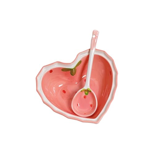 ROMISBABA ハート型イチゴ柄セラミックボウル 多用途スプーン 食卓用繊細サービングプレート フルーツ スナック デザート盛り付け用