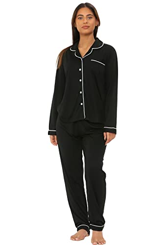 Ex High Street Brand Button Up Pyjamas Set for Women UK, Ladies Revere Collar Long Sleeve Cotton Pyjama Black
