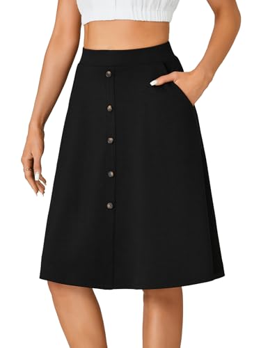 LYANER Women's Knee Length Casual Skirt Stretchy Button High Waist A-Line Flared Vintage Midi Skirts with Pocket3