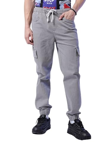 Image of The Indian Garage Co Men Regular Fit Solid Mid-Rise Stretchable Denim Cargo Joggers