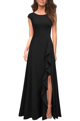 MUSHARE Women's Cocktail Dresses with Pockets Ruffled Sexy Split Party Long Formal Dress Black