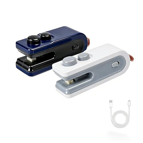 2-Pack Mini Bag Sealer, Upgraded 2 in 1 Heat Sealer&Cutter, Rechargeable USB C Bag Sealer Heat Seal Machine with Magnet, Portable Resealer Machine Sealer for Plastic Bags (White + Blue)