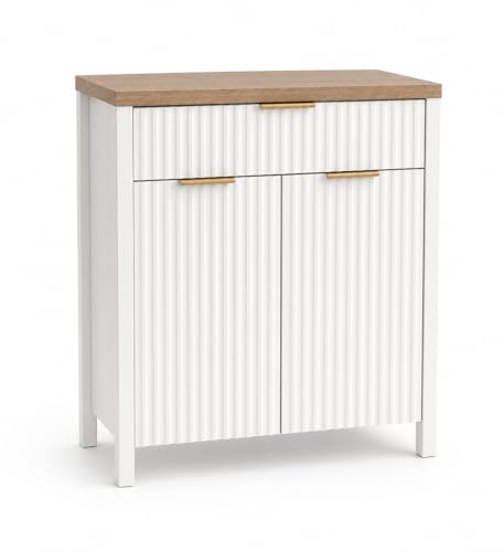 Image of Panana 2 Doors 1 Drawer Sideboard, Ribbed Style Storage Cabinet with Adjustable Shelves for Kitchen Living Room, Kitchen, Entryway (White)