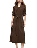 [ELLE] Vネック スタンドカラー ミディ丈ワンピース ベルト付き ベージュ (M, ブラウン) | 防シワ加工, 2WAYシルエット, 大容量スクエアポケット, ポリエステル100%, ウエスト調節可能