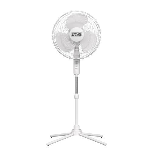 EZ-CHILL 16” Oscillating Pedestal Fan, 3-speed Options, 90-Degree Oscillating Head, Adjustable Height and Tilt, Powerful Air Flow, White, MTSP15-16AZ
