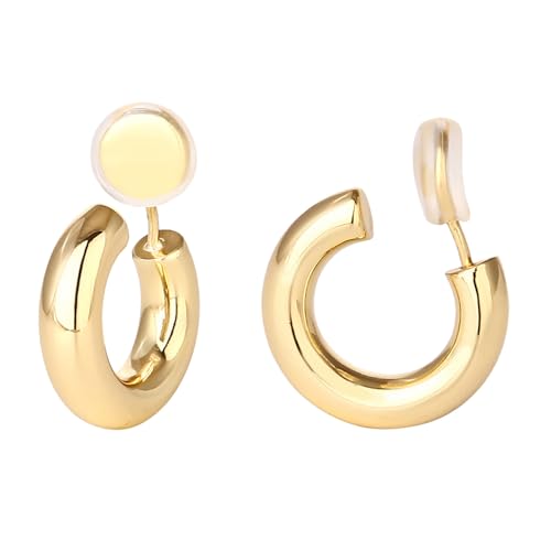 Gold Clip On Hoop Earrings for Women 14K Gold Plated Non Pierced Chunky Tube Clip On Hoops Adjustable No Piercing Fake Earrings