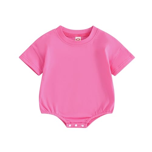 Image of Merqwadd Baby Boy Girl Bubble Romper Infant Oversize Plain Crewneck T-Shirt Bodysuit Tops